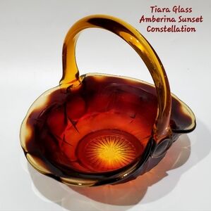 Vntg Sunset Constellation Tiara 8" Art Glass Amberina Basket by Indiana Glass